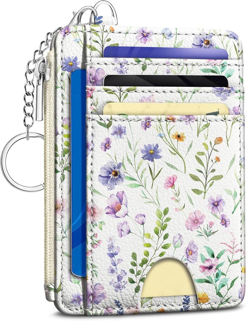 Kelvoris Flowers Credit Card Holder Small Wallet Women, Floral Slim RFID Blocking Wallet Woman Keychain with Zipper Coin Pocket, Front Pocket Thin Travel Card Case Organizer with ID Window Ladies Gift - Image 1